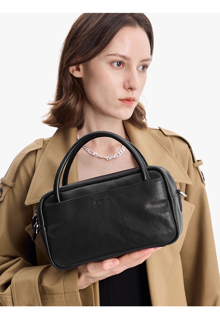 2025新款羊皮手提保龄球包 复古波士顿小方包女通勤斜挎包 (DF25903) *仅限使用消费积分50%*