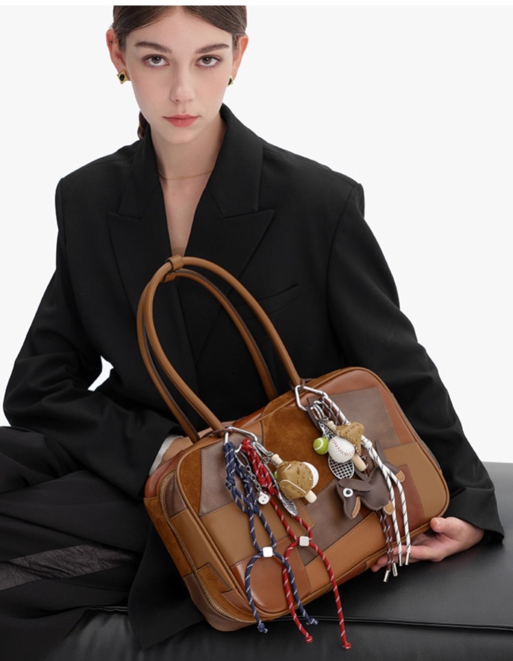 小众设计头层皮复古拼接大容量手提单肩腋下保龄球包 (qq-CH189拼色) *仅限使用消费积分50%*