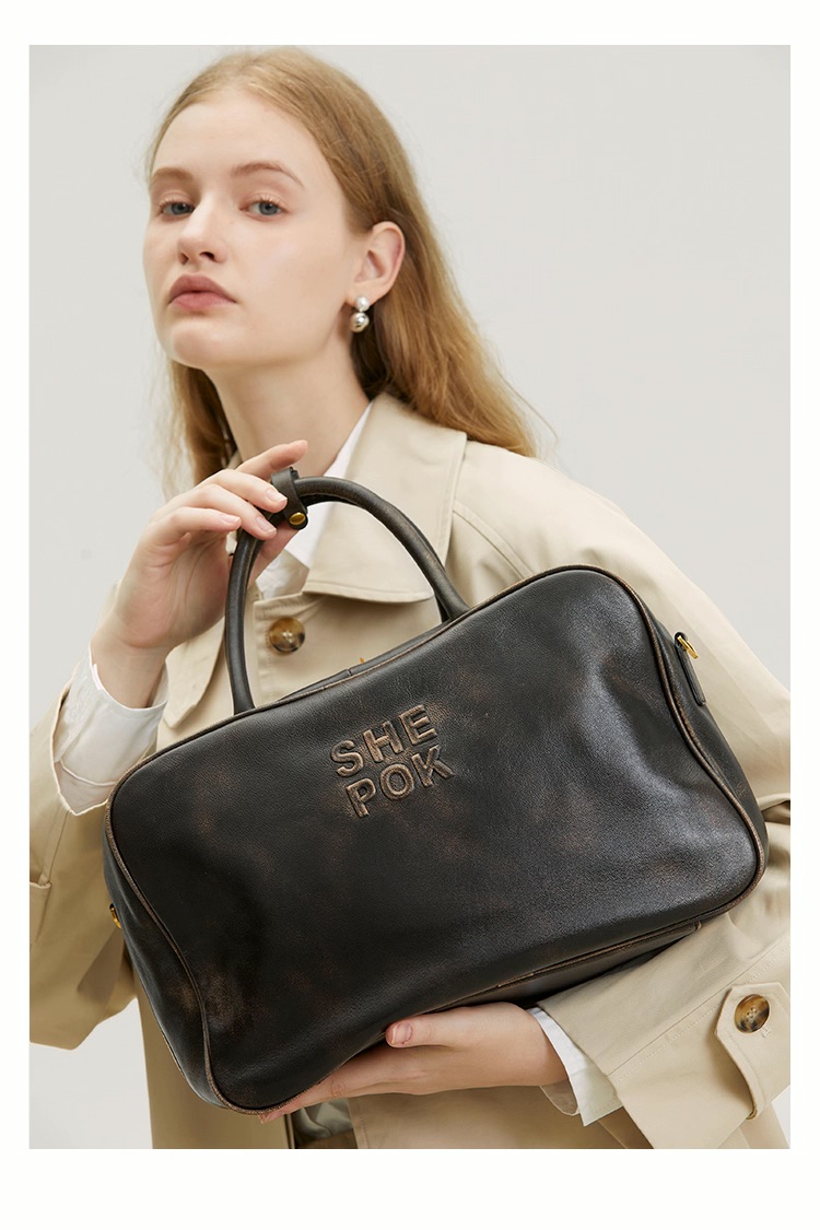 小众设计头层皮复古拼接大容量手提单肩腋下保龄球包 (qqCH072-复古色) *仅限使用消费积分50%*