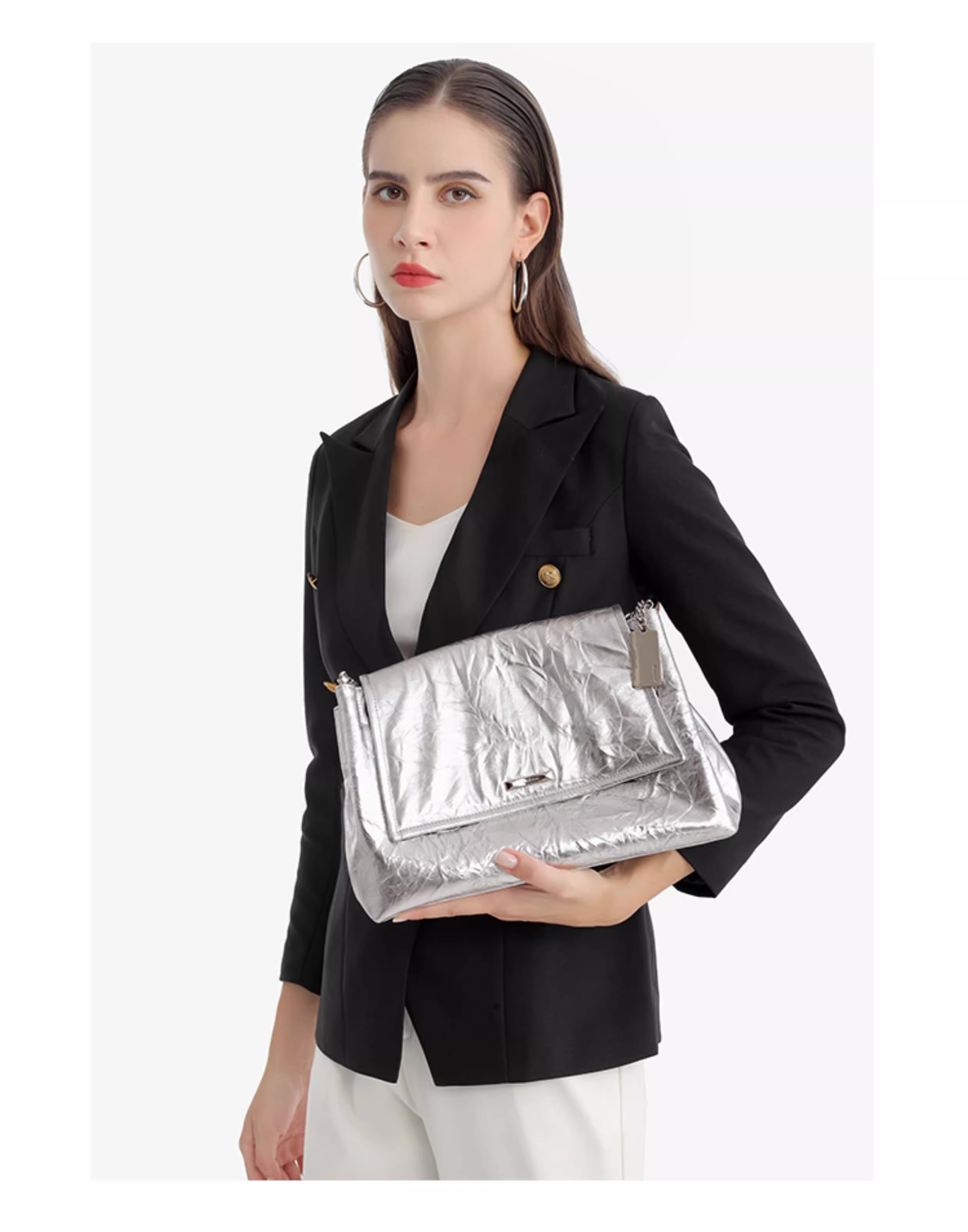 小众链条单肩斜挎托特包女牛皮大容量腋下通勤邮差包 (DF2321-银色) *仅限使用消费积分50%*